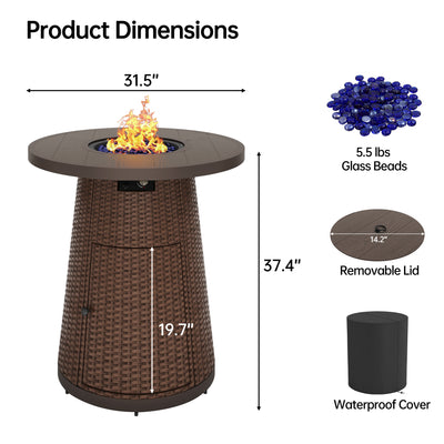 Pizzello Godere - 31.5" Propane Fire Pit Table Outdoor Round Wicker Gas Fire Table#color_brown