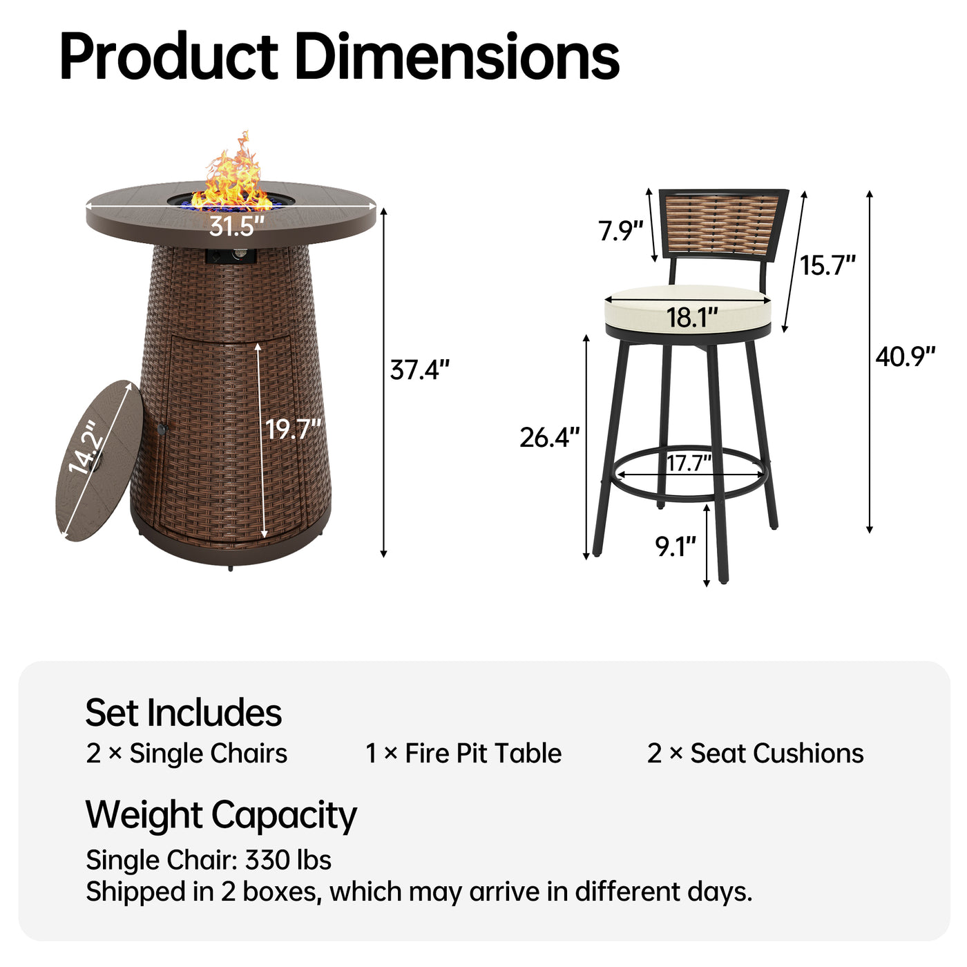 Pizzello Godere - 31.5" Propane Fire Pit Table Outdoor Round Wicker Gas Fire Table#color_brown