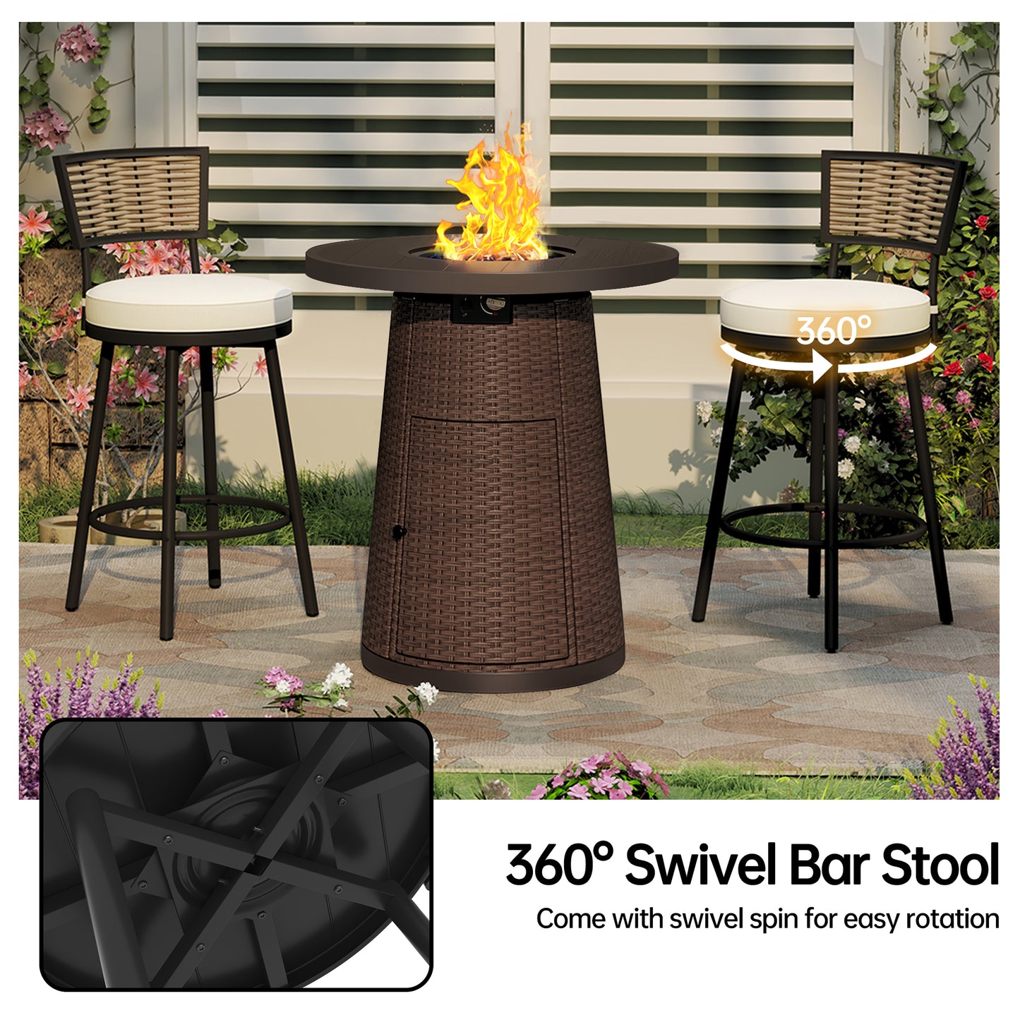 Pizzello Godere - 31.5" Propane Fire Pit Table Outdoor Round Wicker Gas Fire Table#color_brown