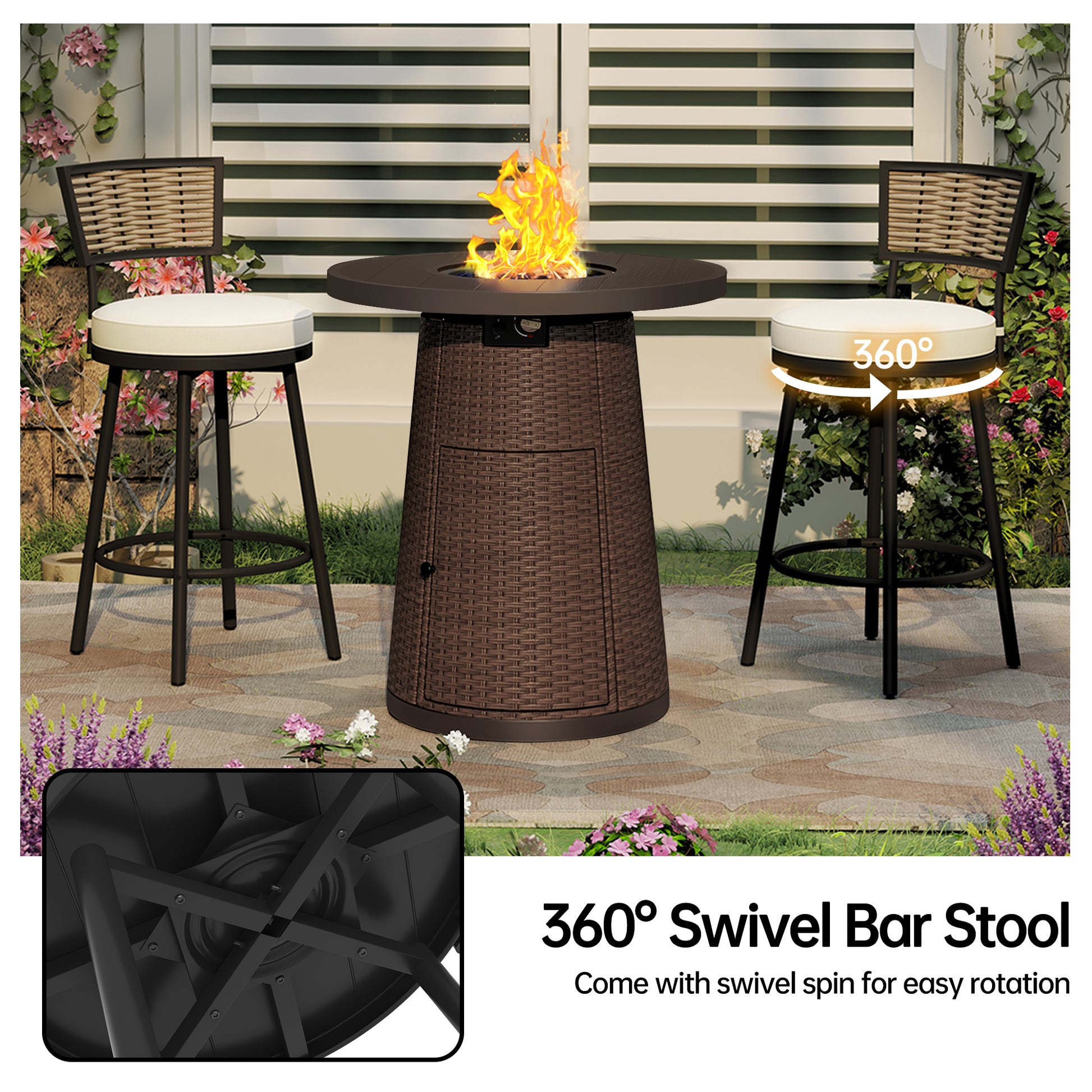 Pizzello Godere - 31.5" Propane Fire Pit Table Outdoor Round Wicker Gas Fire Table#color_brown