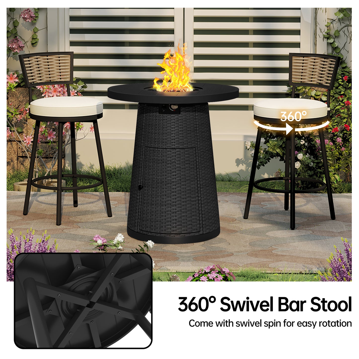 Pizzello Godere - 31.5" Propane Fire Pit Table Outdoor Round Wicker Gas Fire Table#color_black