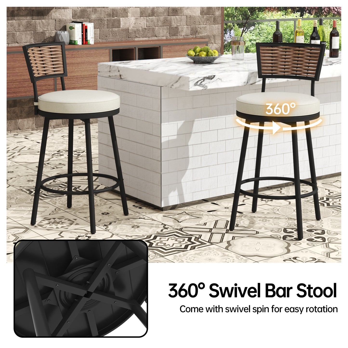 Pizzello Outdoor Swivel Counter Height Bar Stools, Patio Wicker Barstools#size_2pcs
