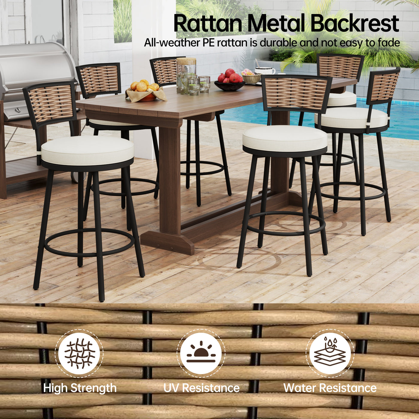 Pizzello Outdoor Swivel Bar Stools, Patio Counter Height Barstools#size_6pcs