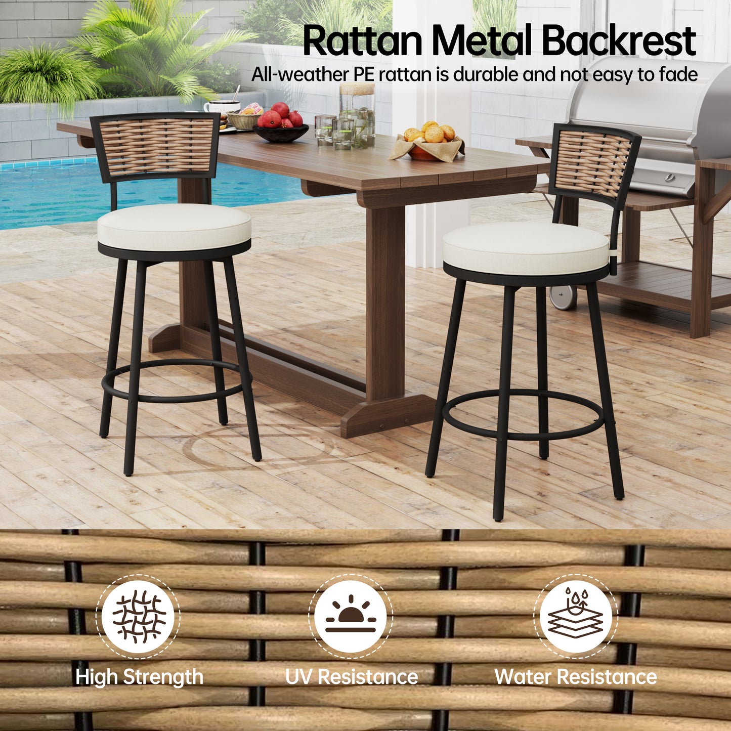 Pizzello Outdoor Swivel Counter Height Bar Stools, Patio Wicker Barstools#size_2pcs