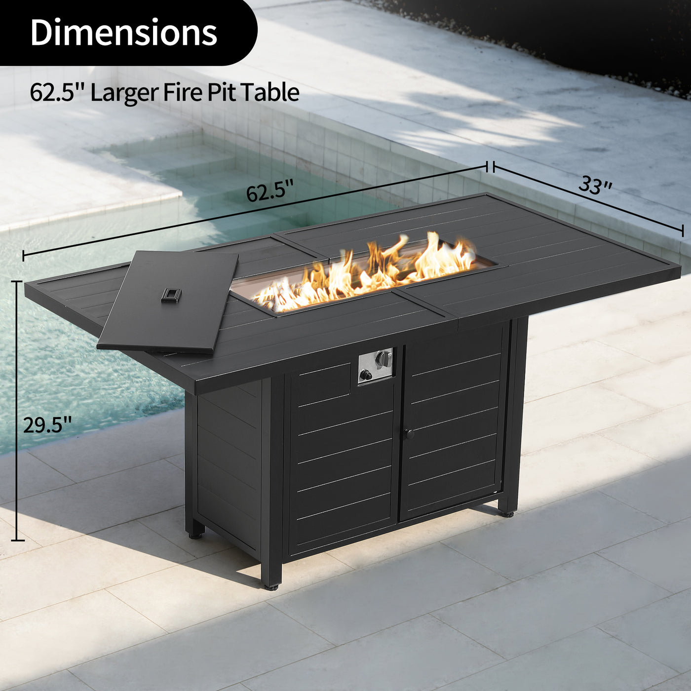 Pizzello Passione - 62.5" Aluminum Propane Fire Pit Table 50,000 BTU Outdoor Rectangular Dining Table