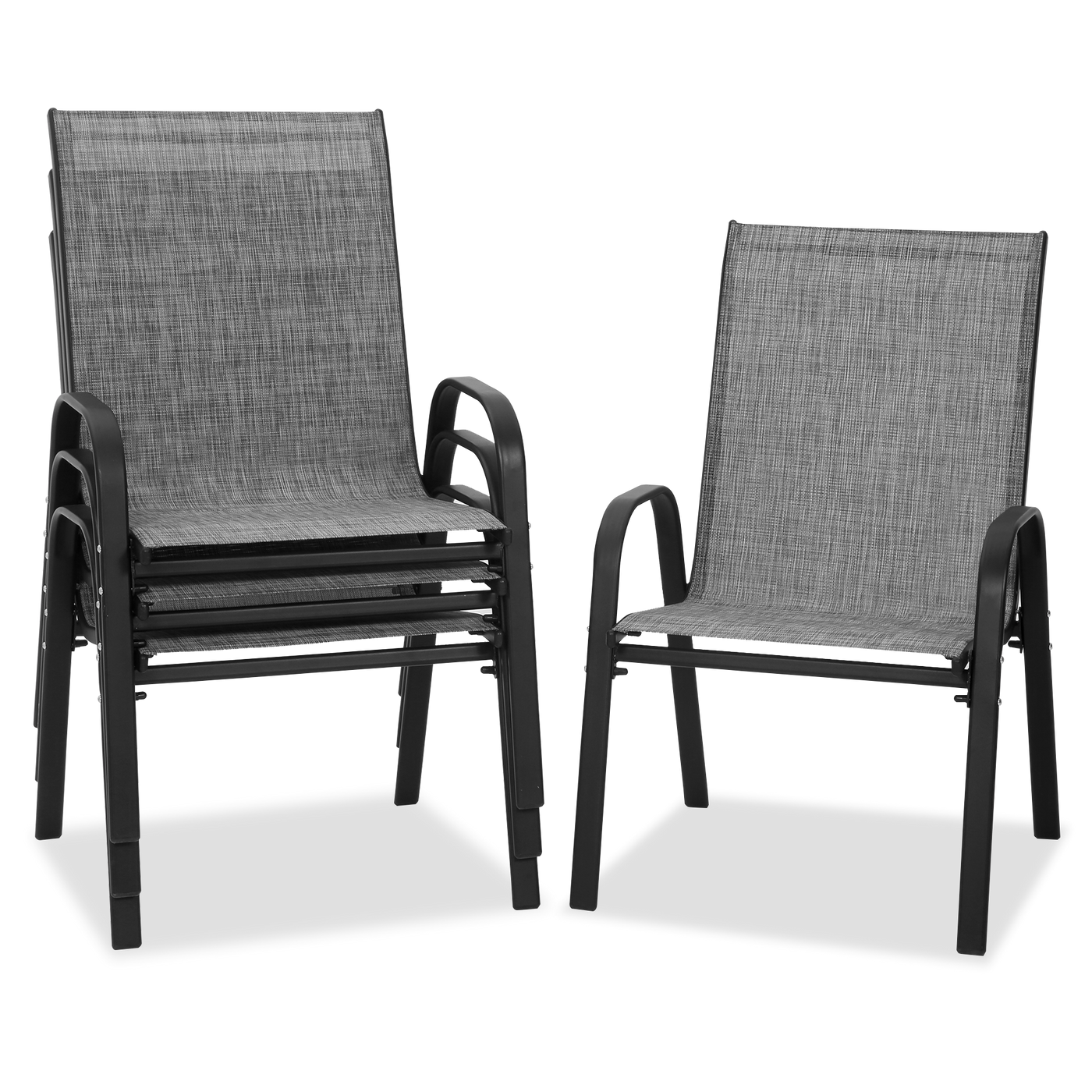 Four black metal-framed patio dining chairs with grey mesh seats and backs, plus one extra chair, available at Walmart for a great price.