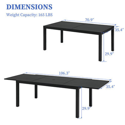 The Pizzello Aluminum Patio Extendable Table adjusts from 70.9" to 106.3" in length, is 35.4"W x 29.9"H, and supports up to 165 lbs.