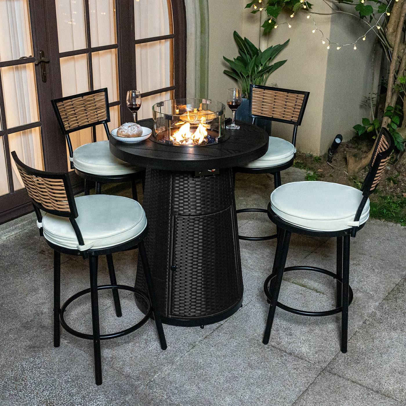 Pizzello Godere - 31.5" Propane Fire Pit Table Outdoor Round Wicker Gas Fire Table#color_black