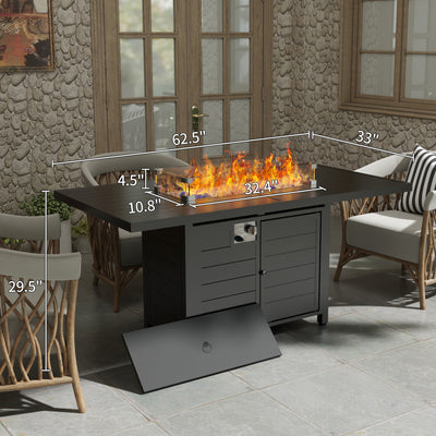 Outdoor dining area with the Pizzello Passione: a 62.5" aluminum propane fire pit table (50,000 BTUs), plus chairs, wind guard, and lid.