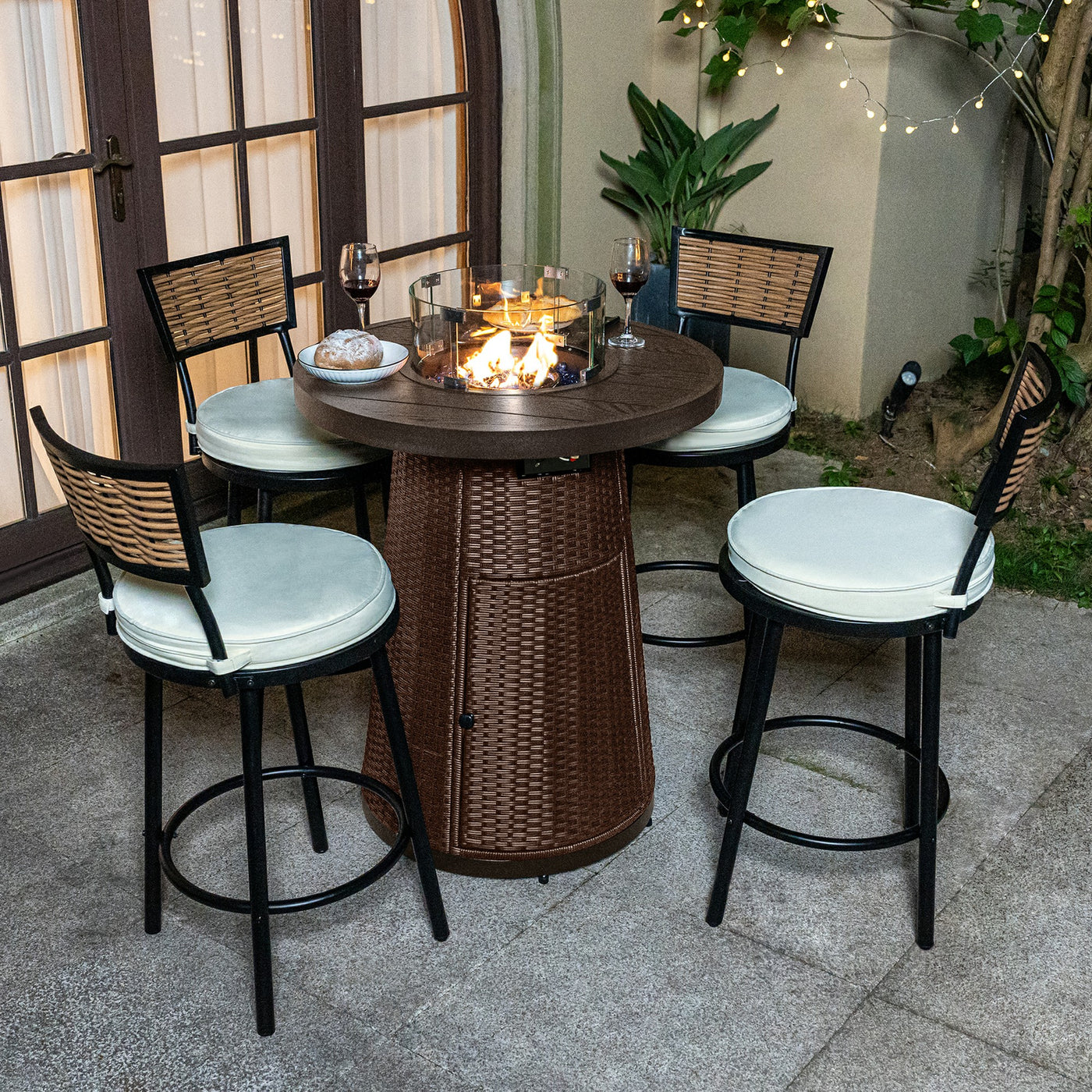 Pizzello Godere - 31.5" Propane Fire Pit Table Outdoor Round Wicker Gas Fire Table#color_brown