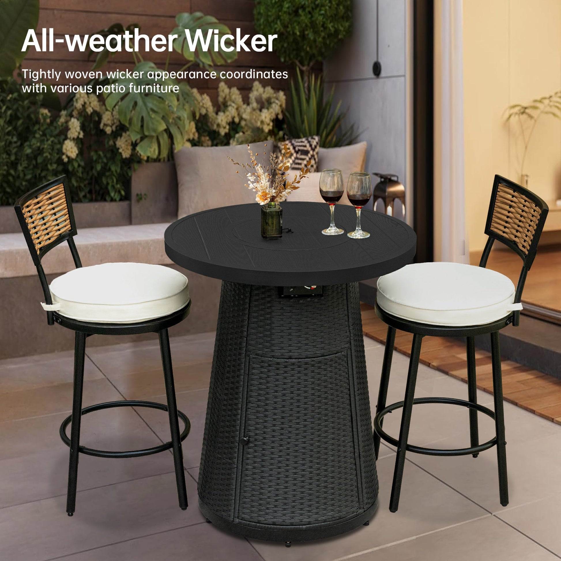Pizzello Godere - 31.5" Propane Fire Pit Table Outdoor Round Wicker Gas Fire Table#color_black