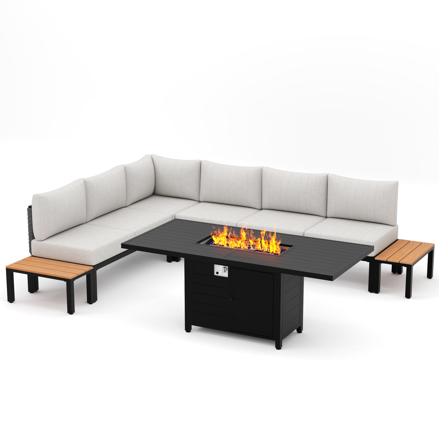 Modern L-shaped outdoor sofa, two wood side tables, and a black fire pit table with visible flames in the center.