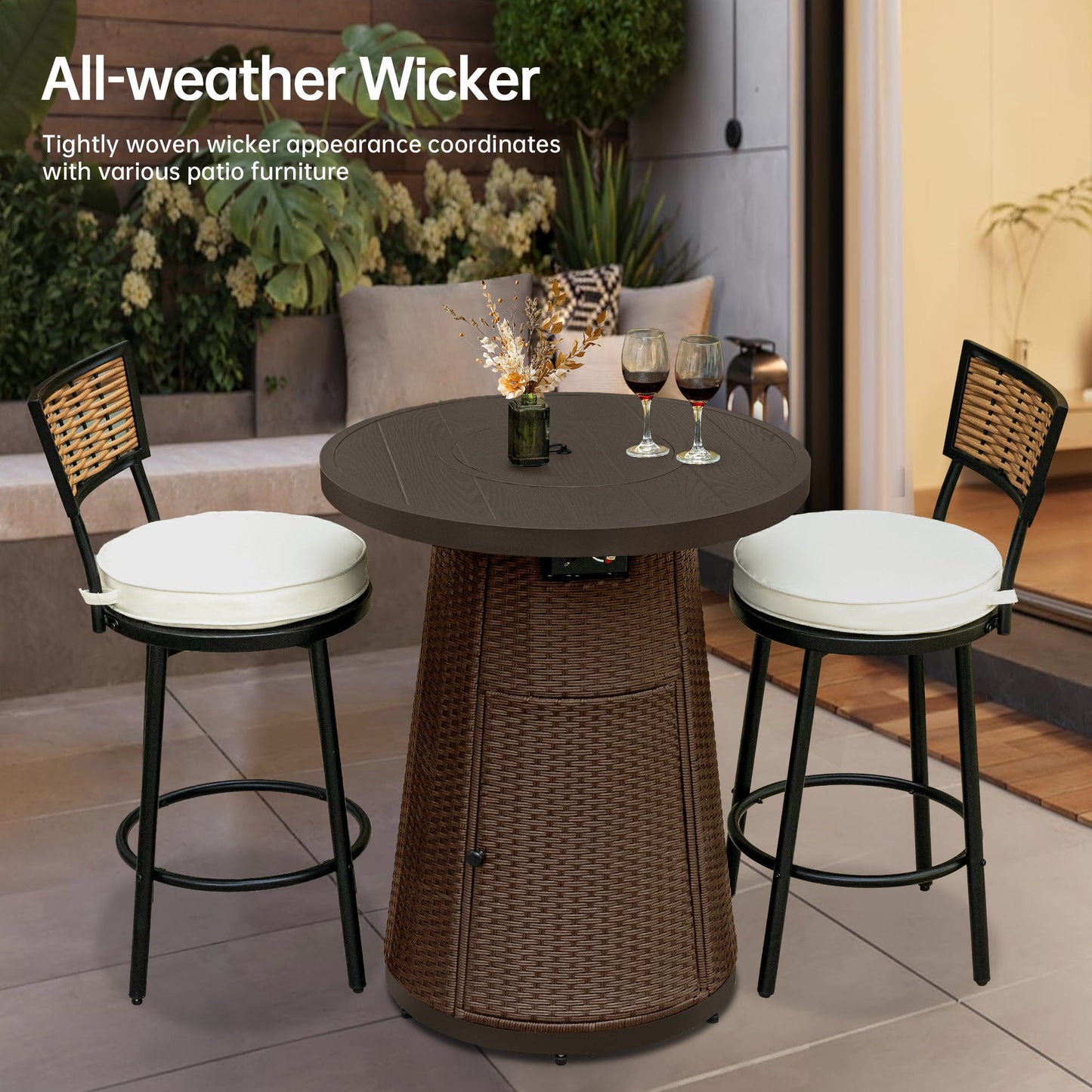 Pizzello Godere - 31.5" Propane Fire Pit Table Outdoor Round Wicker Gas Fire Table#color_brown