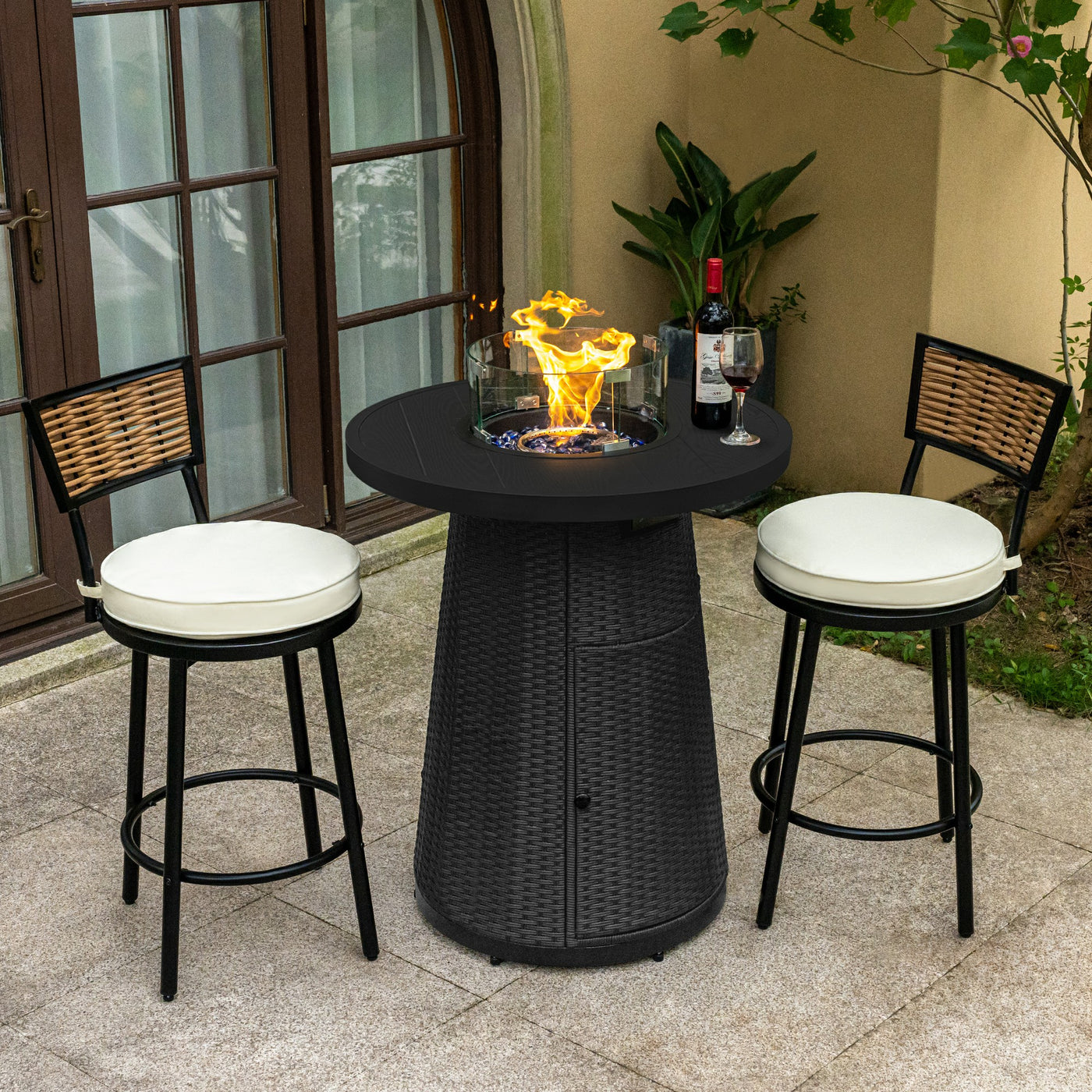 Pizzello Godere - 31.5" Propane Fire Pit Table Outdoor Round Wicker Gas Fire Table#color_black