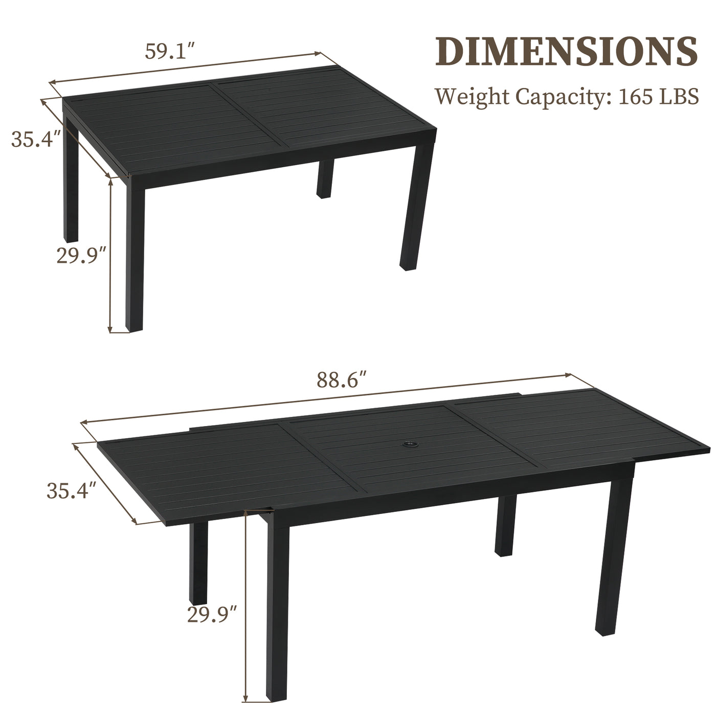 Illustration of a Pizzello Aluminum Patio Extendable Dining Table displaying two configurations with dimensions and a weight capacity of 165 lbs.