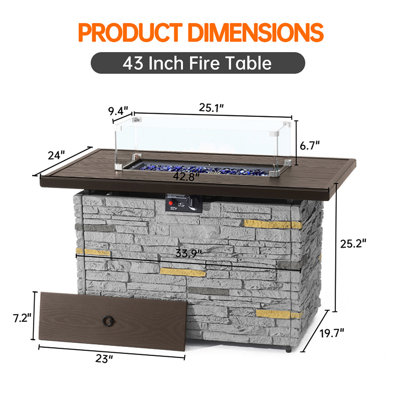 Pizzello Caldo- 43" Propane Fire Pit Table Rectangular Stone Firepit Table - Pizzello#color_gray
