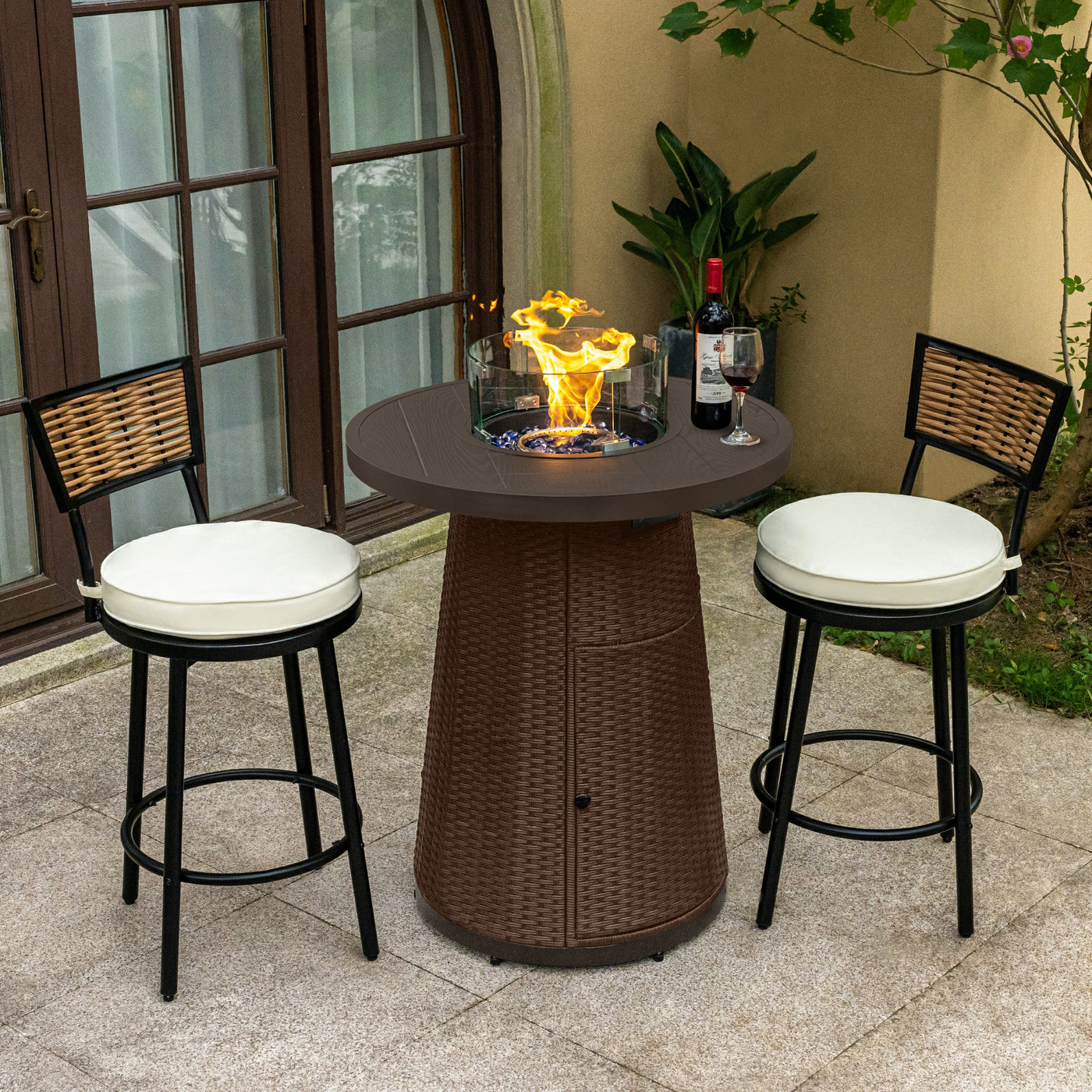 Pizzello Godere - 31.5" Propane Fire Pit Table Outdoor Round Wicker Gas Fire Table#color_brown