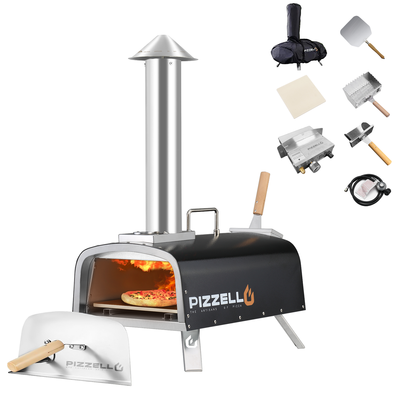 Black and silver outdoor pizza oven with "Pizza Oven & Cart" branding, pizza inside. Includes peel, cutter, burner. Unbeatable Walmart price.