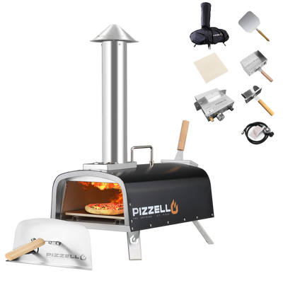 Black and silver outdoor pizza oven with "Pizza Oven & Cart" branding, pizza inside. Includes peel, cutter, burner. Unbeatable Walmart price.