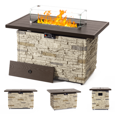 43" Rectangular Propane Fire Pit Table: Stone base, wooden top, glass wind guard, protective lid. Image shows four angles.