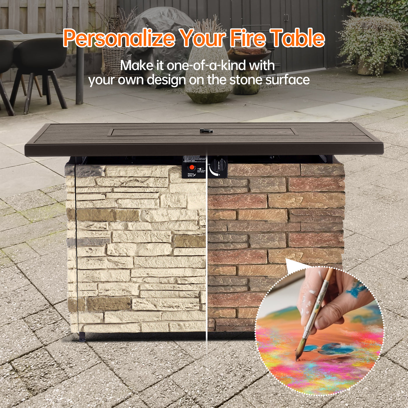 Pizzello Caldo- 43" Propane Fire Pit Table Rectangular Stone Firepit Table - Pizzello#color_buff