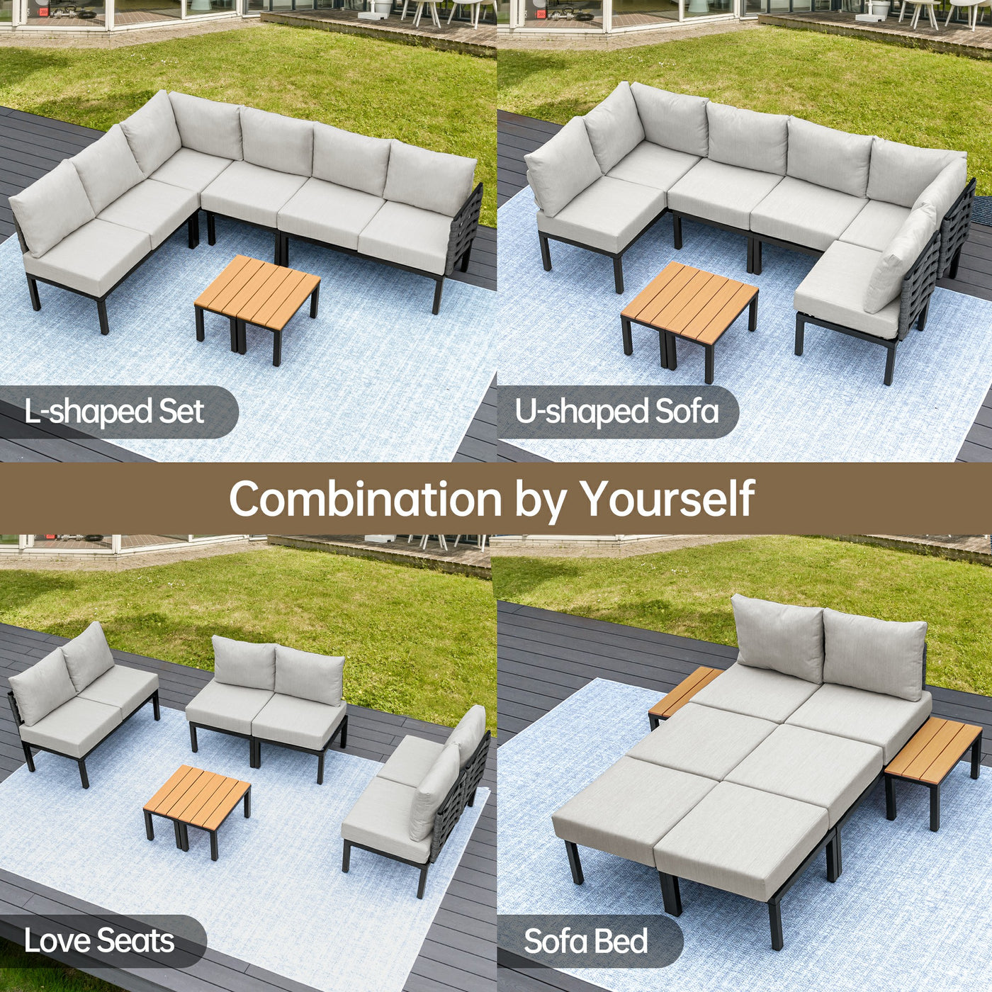 Four outdoor sets with gray cushions and wooden tables, including the Pizzello Passione fire pit dining table.