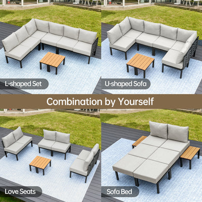 Four outdoor sets with gray cushions and wooden tables, including the Pizzello Passione fire pit dining table.