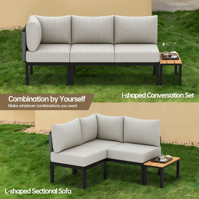 Two images feature a modular outdoor sofa with gray cushions and a fire pit table, arranged in straight and L-shapes on grass.