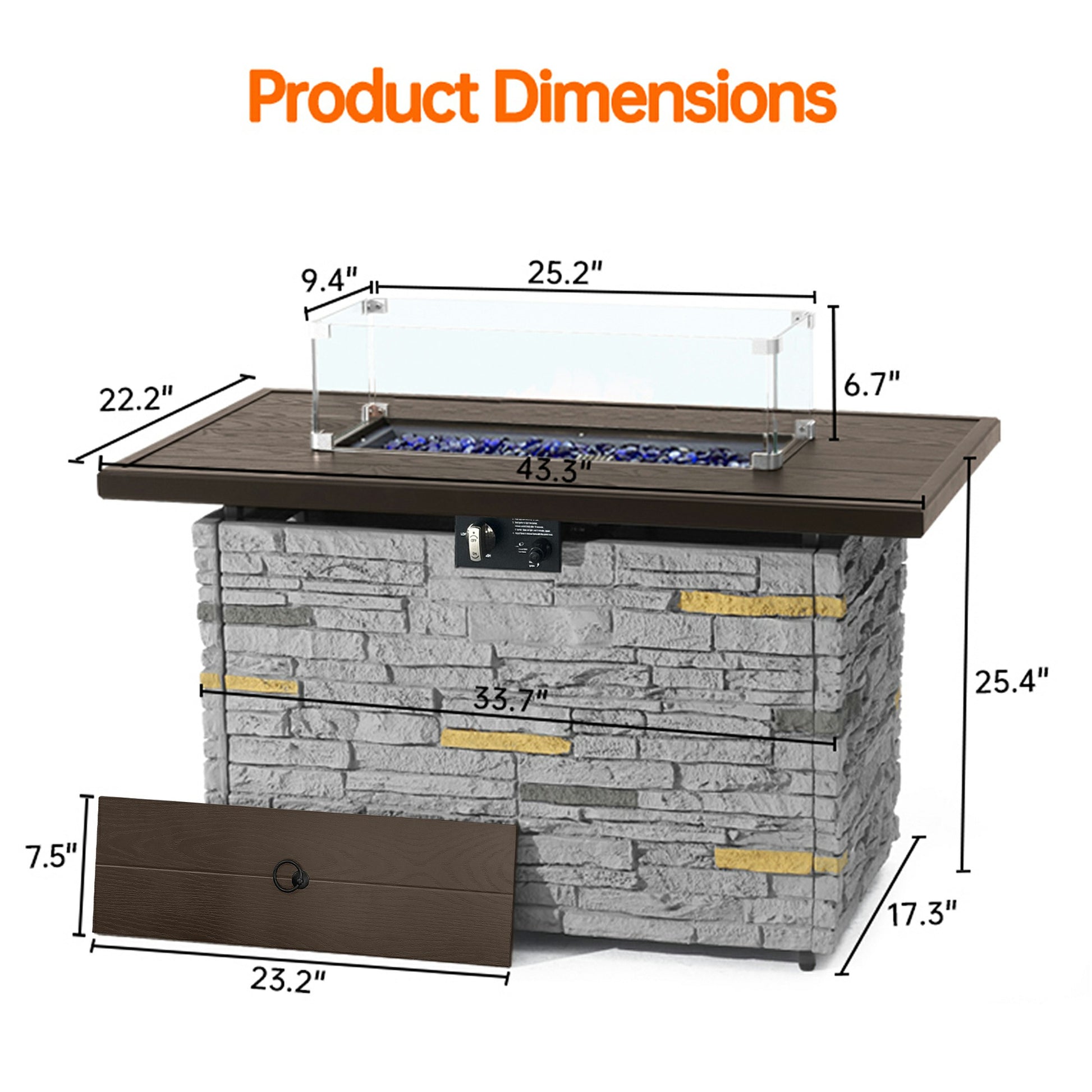Pizzello Caldo- 43" Propane Fire Pit Table Rectangular Stone Firepit Table - Pizzello#color_gray