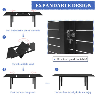 To expand the Pizzello Table: pull side panels outward, rotate middle panel, close side panels, and secure locks.