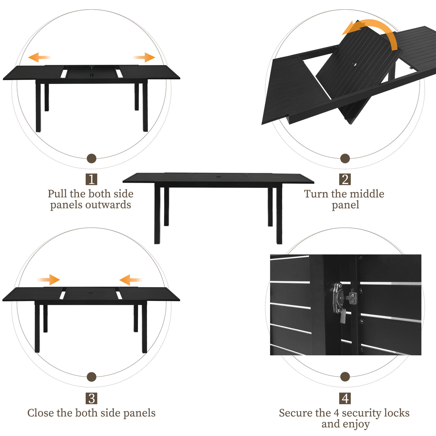 Assemble the Pizzello Patio Table: Pull and rotate panels, close sides, then secure with locks. It features a durable aluminum frame.