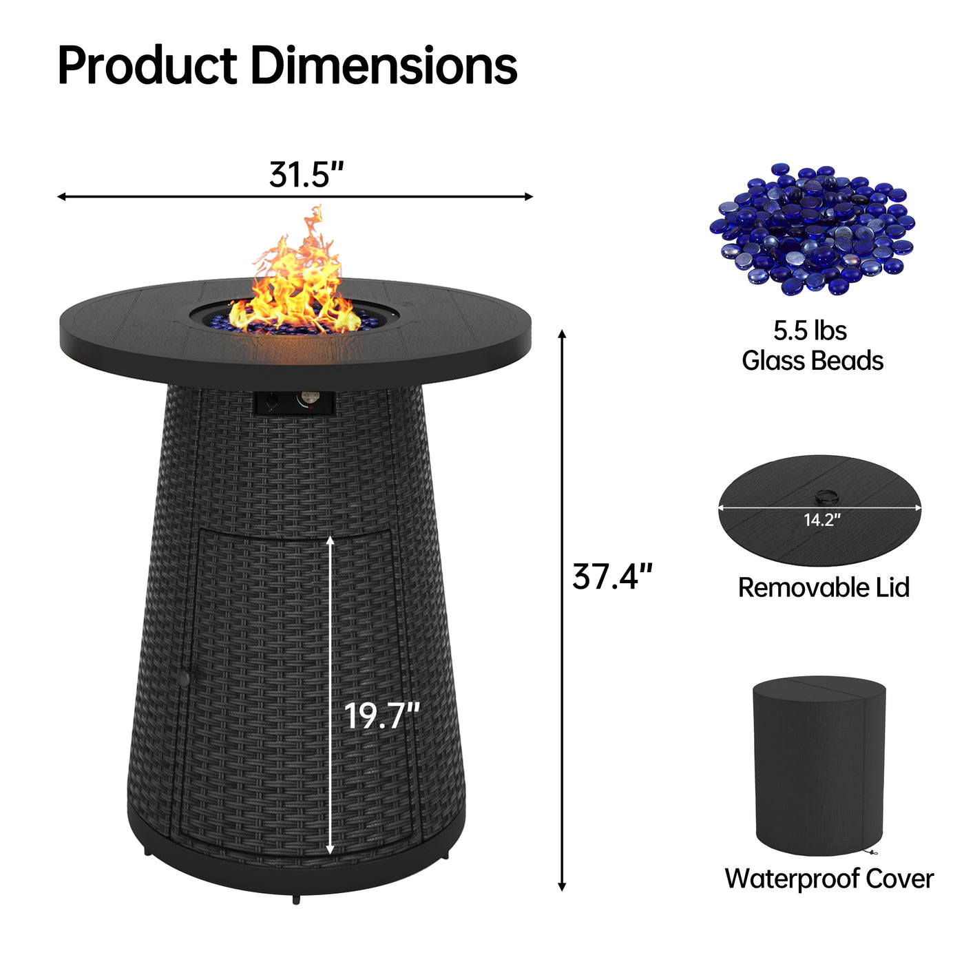 Pizzello Godere - 31.5" Propane Fire Pit Table Outdoor Round Wicker Gas Fire Table#color_black