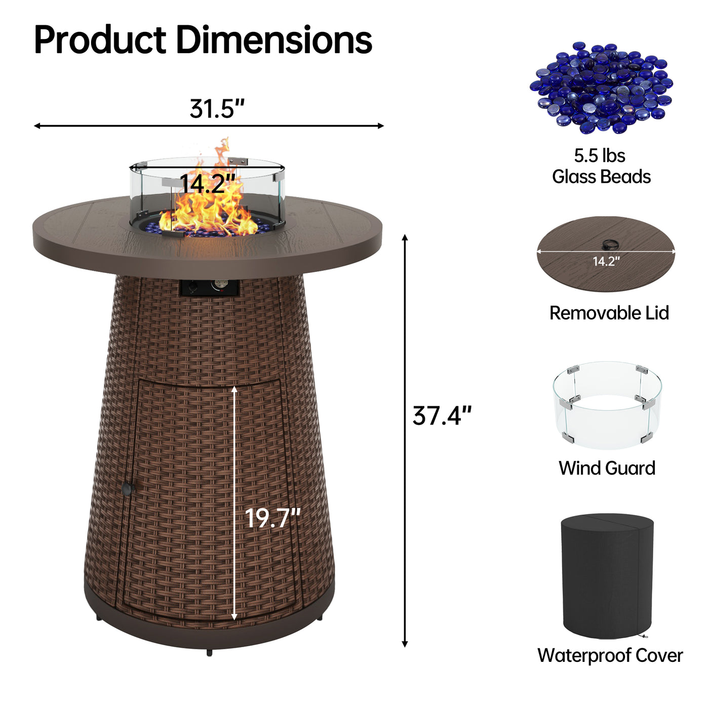 Pizzello Godere - 31.5" Propane Fire Pit Table Outdoor Round Wicker Gas Fire Table#color_brown