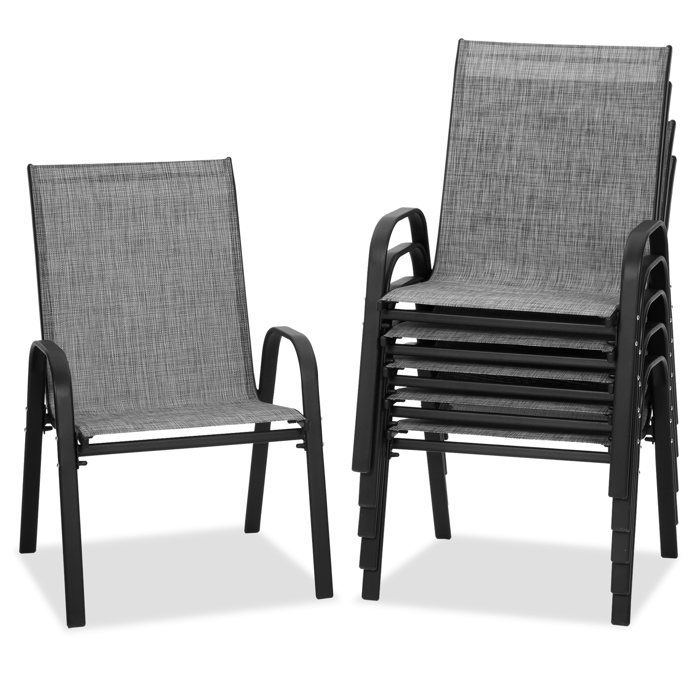 Get a set of 5 patio dining chairs and tables at Walmart. One chair is separate, four are stacked. Black metal frames with mesh fabric for durability and style.