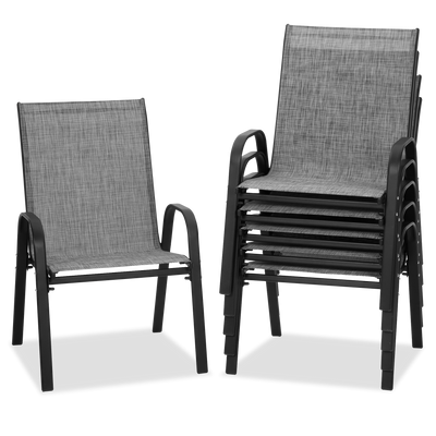 Get a set of 5 patio dining chairs and tables at Walmart. One chair is separate, four are stacked. Black metal frames with mesh fabric for durability and style.