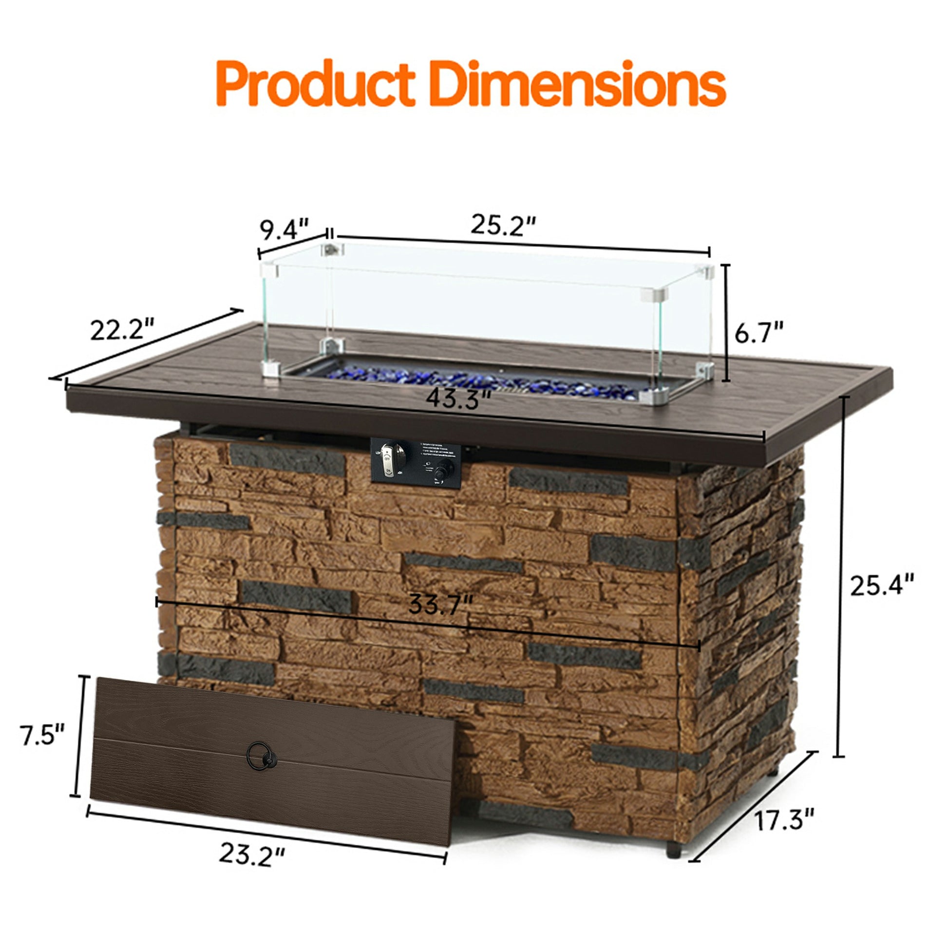 Pizzello Caldo- 43" Propane Fire Pit Table Rectangular Stone Firepit Table - Pizzello#color_brown