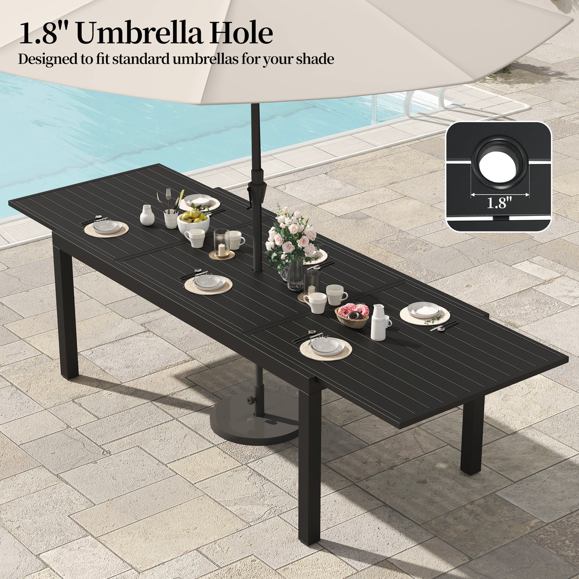 extendable patio table with umbrella hole Pizzello Aluminum Rectangular Outdoor Dining Set, Extendable Patio Tab