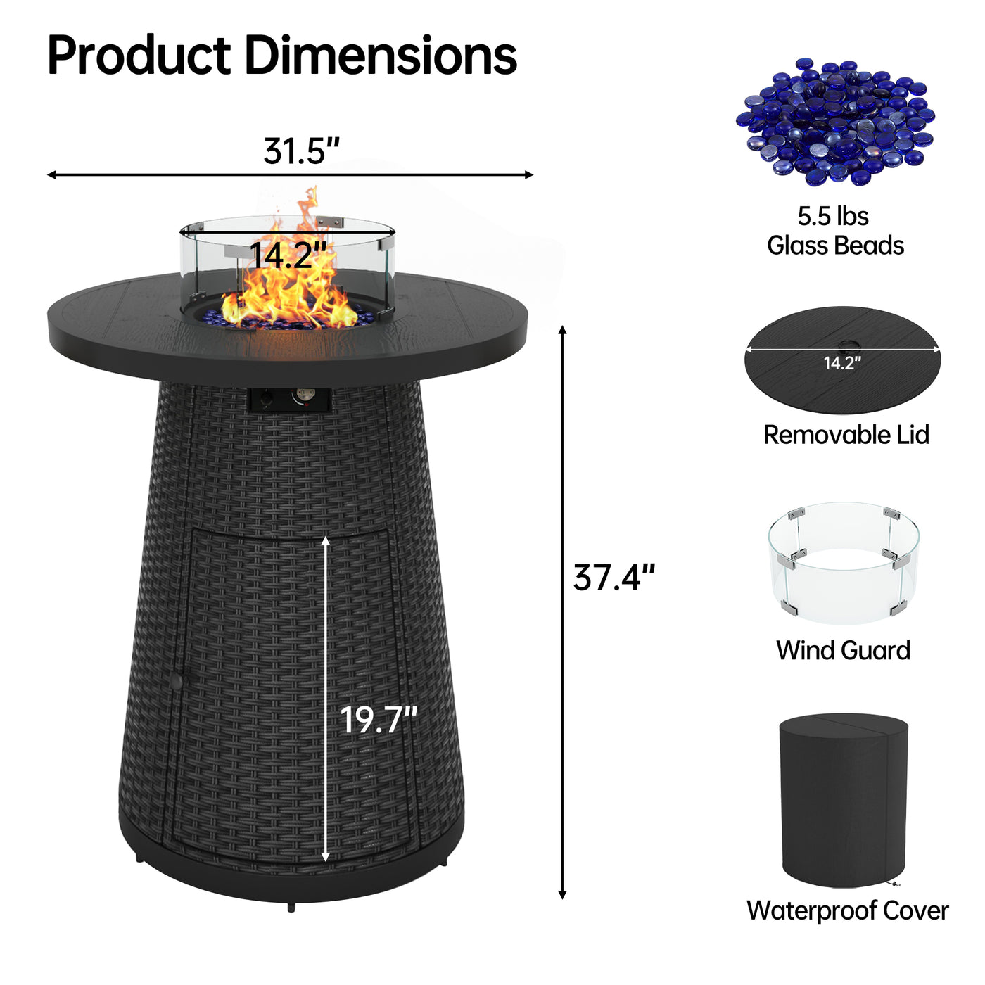 Pizzello Godere - 31.5" Propane Fire Pit Table Outdoor Round Wicker Gas Fire Table#color_black