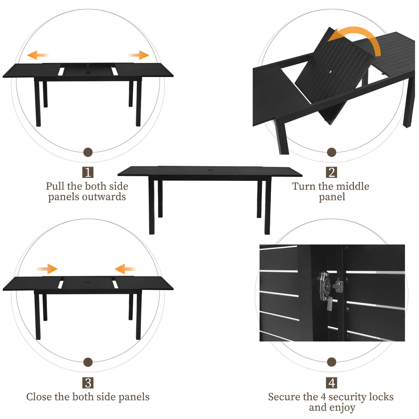 An instructional diagram showing the four-step process of expanding, rotating, closing, and securing a Pizzello Aluminum Patio Extendable Dining Table.