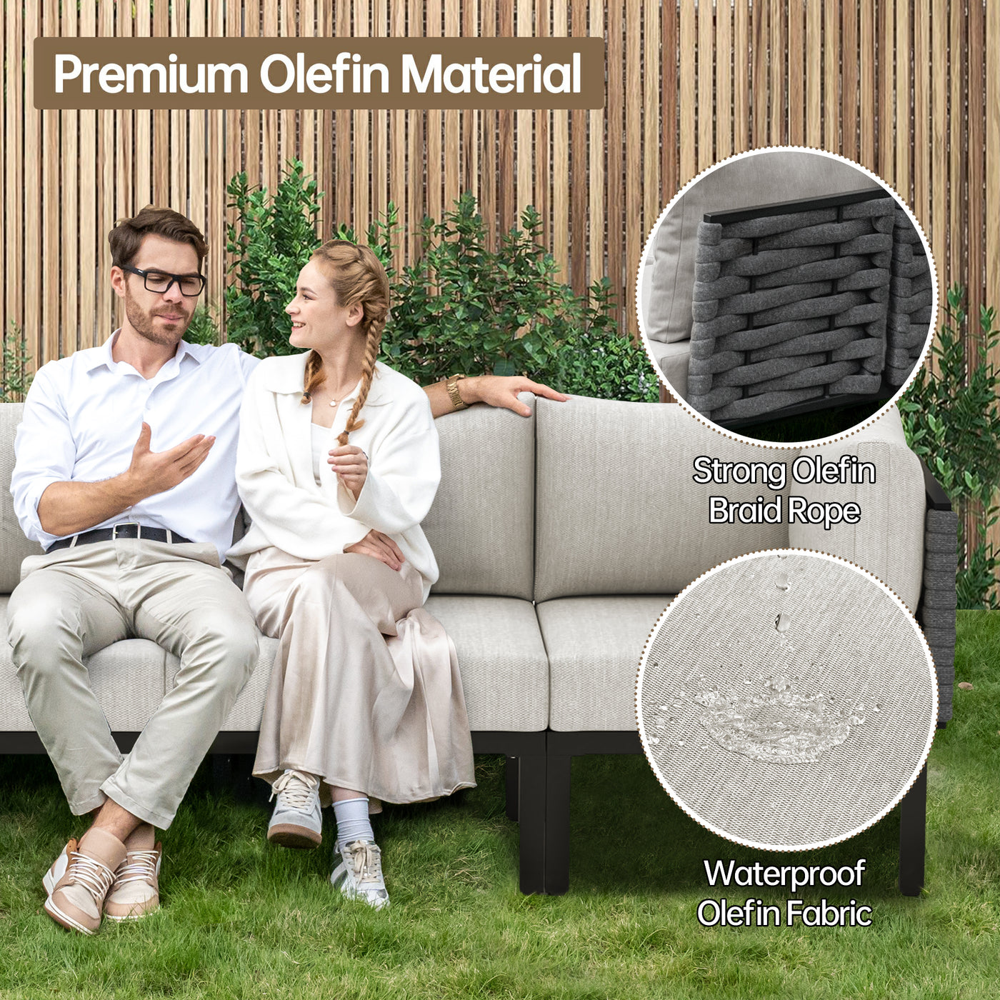 A couple relaxes on a sofa by the Pizzello fire pit table with olefin rope, waterproof fabric, and a bamboo fence backdrop.