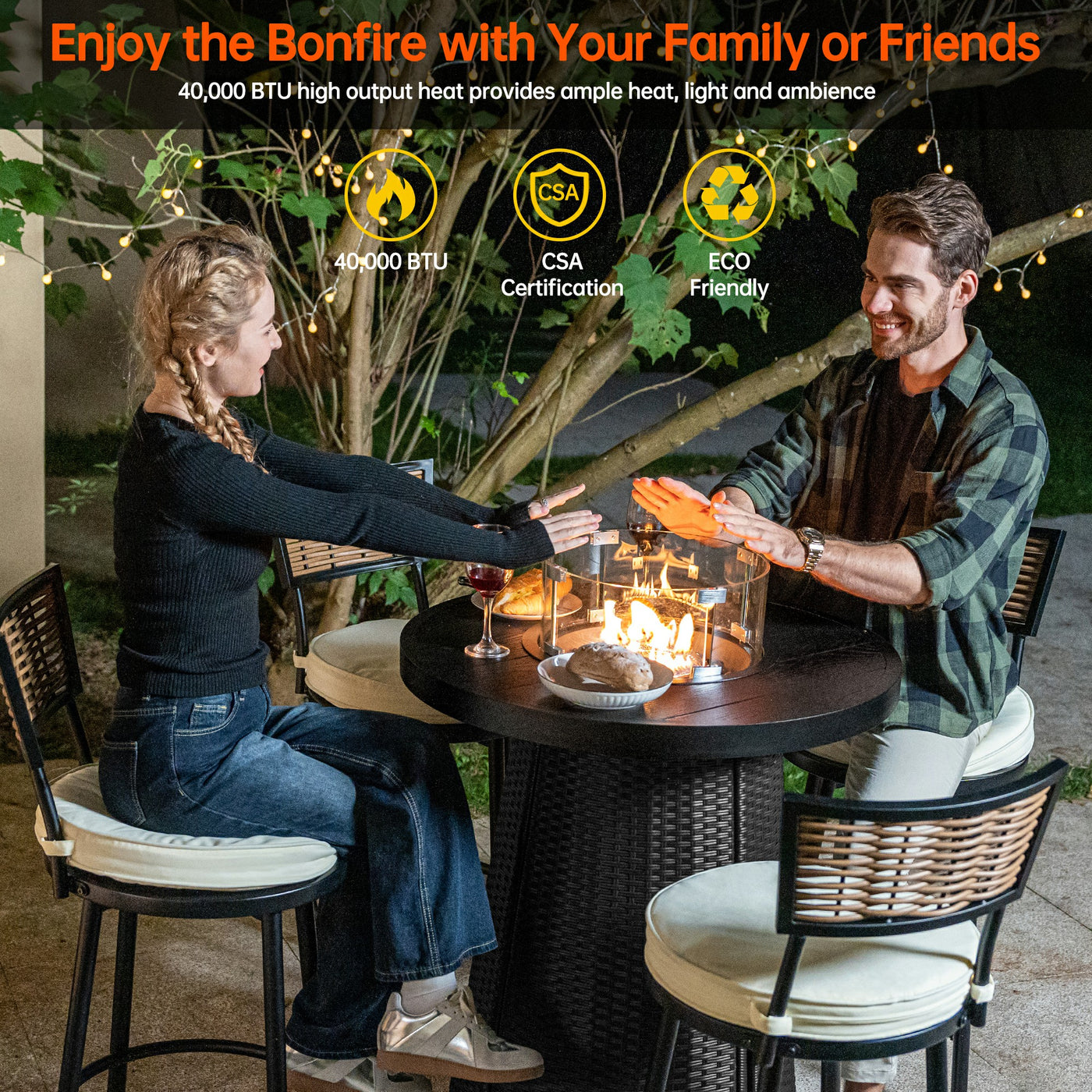 Pizzello Godere - 31.5" Propane Fire Pit Table Outdoor Round Wicker Gas Fire Table#color_black