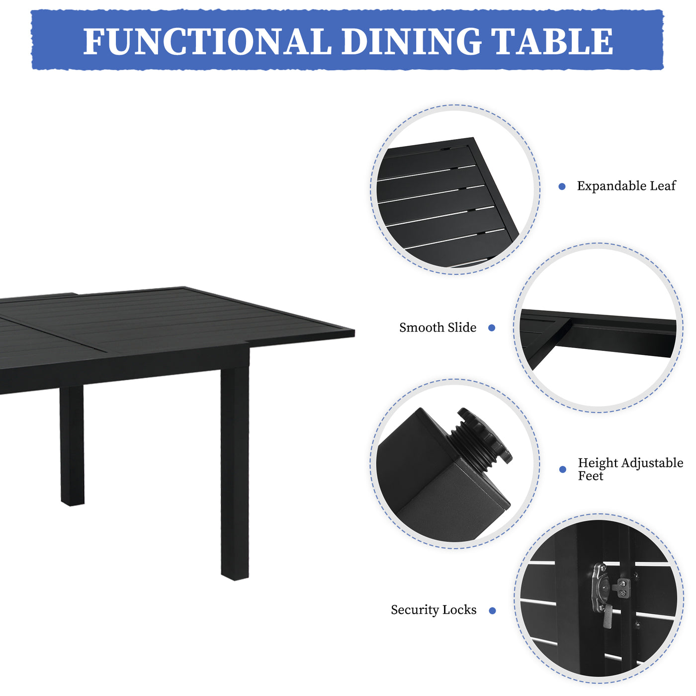 Pizzello Aluminum Patio Dining Table: Extendable design, smooth slide, adjustable feet, and security locks.