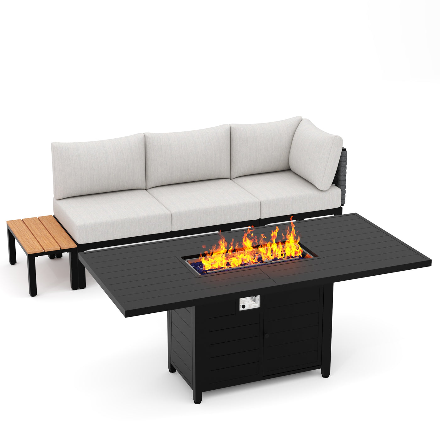 A modern outdoor sectional faces the Passione 62.5" fire table with a visible flame and stainless steel burner.