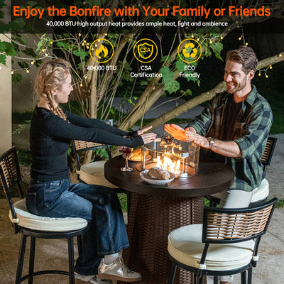 Pizzello Godere - 31.5" Propane Fire Pit Table Outdoor Round Wicker Gas Fire Table#color_brown