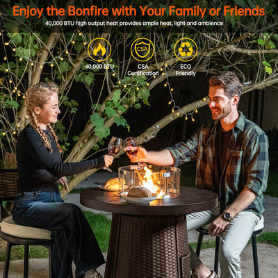 Pizzello Godere - 31.5" Propane Fire Pit Table Outdoor Round Wicker Gas Fire Table#color_brown