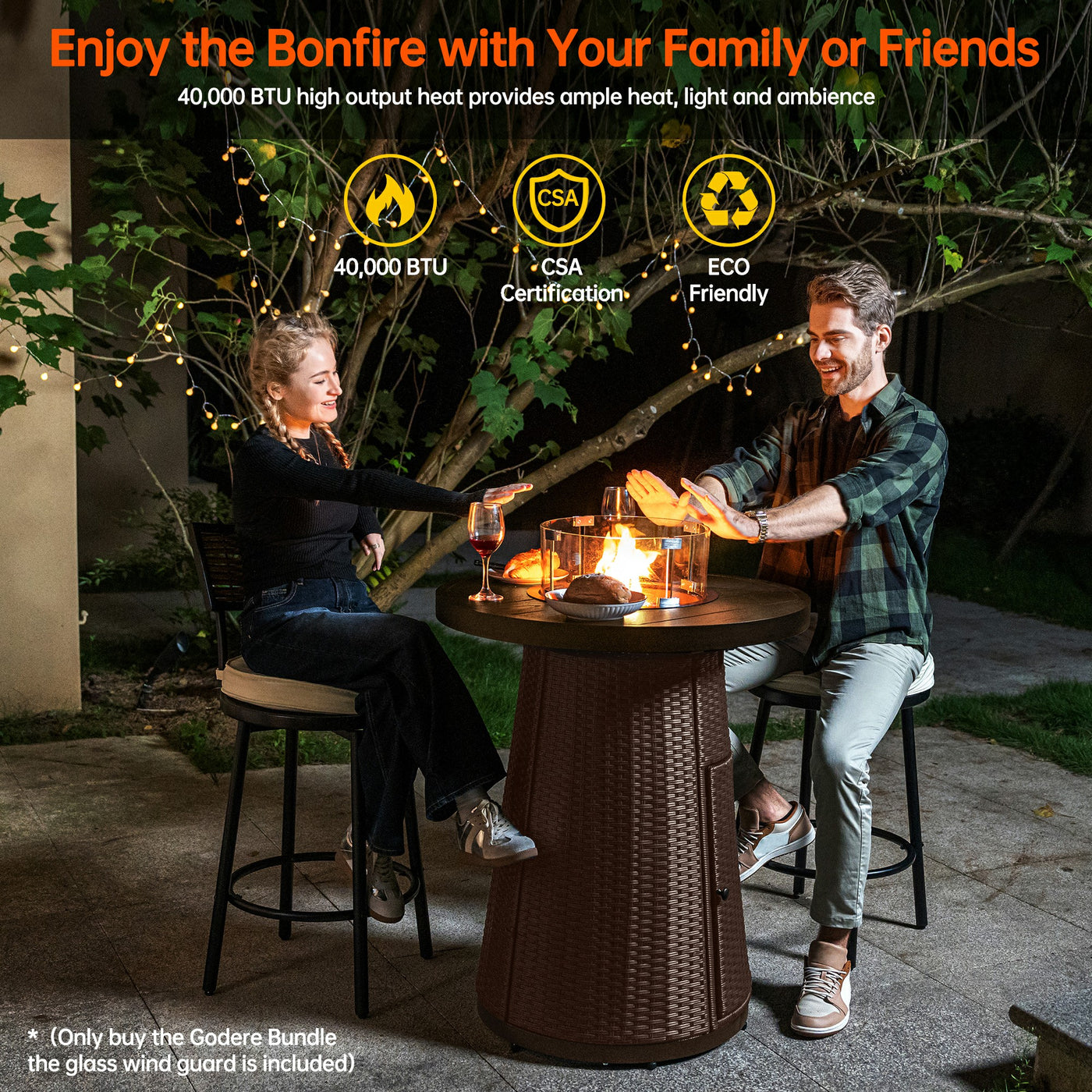 Pizzello Godere - 31.5" Propane Fire Pit Table Outdoor Round Wicker Gas Fire Table#color_brown