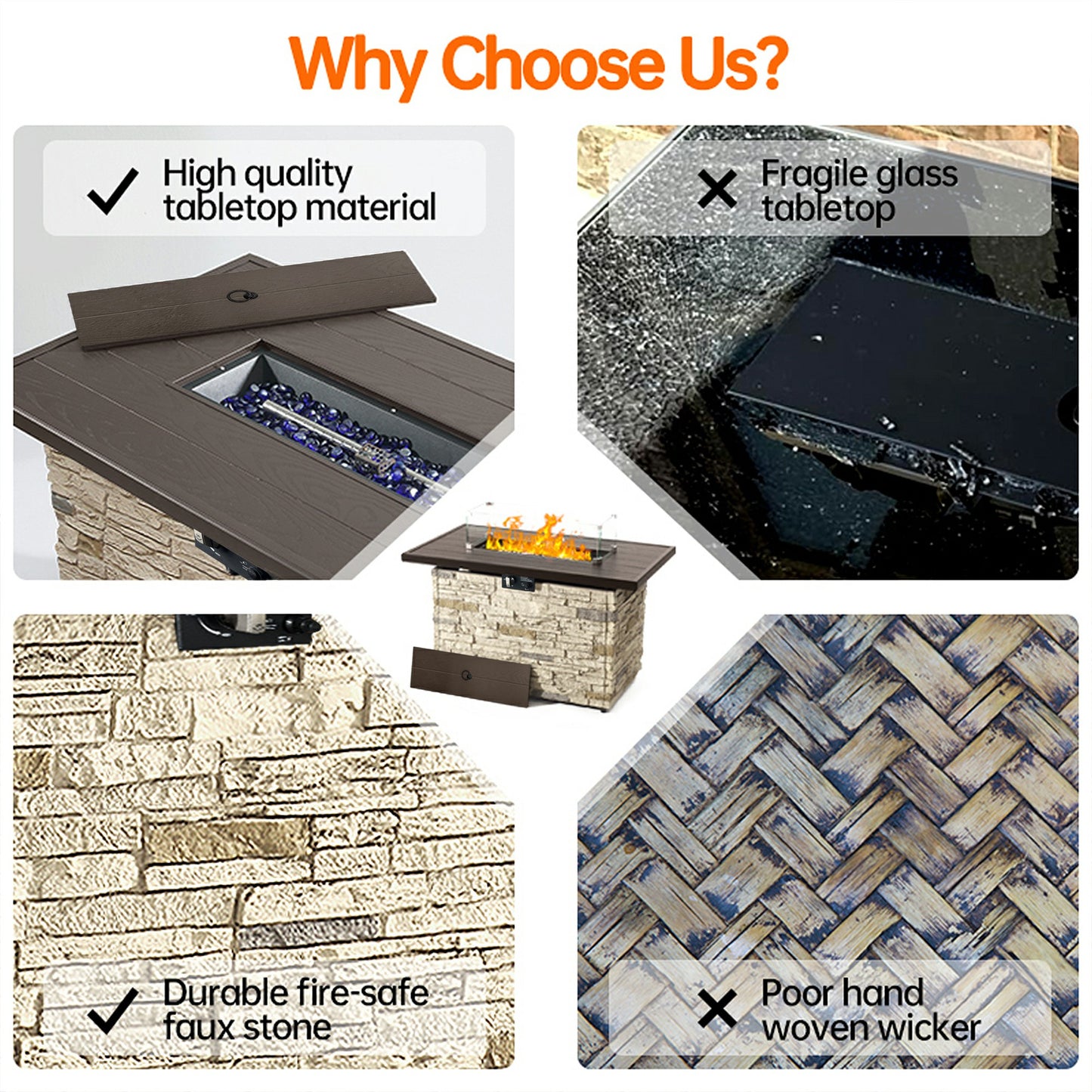 Pizzello Caldo- 43" Propane Fire Pit Table Rectangular Stone Firepit Table - Pizzello#color_buff