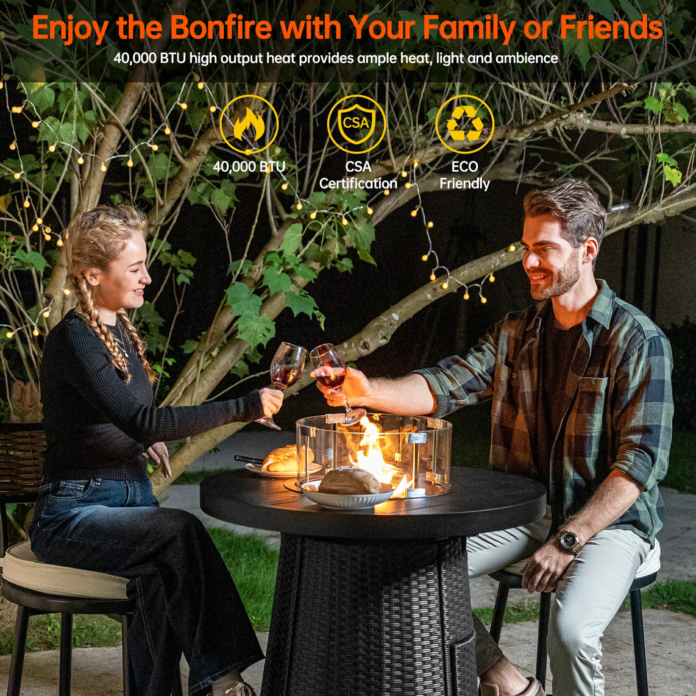 Pizzello Godere - 31.5" Propane Fire Pit Table Outdoor Round Wicker Gas Fire Table#color_black