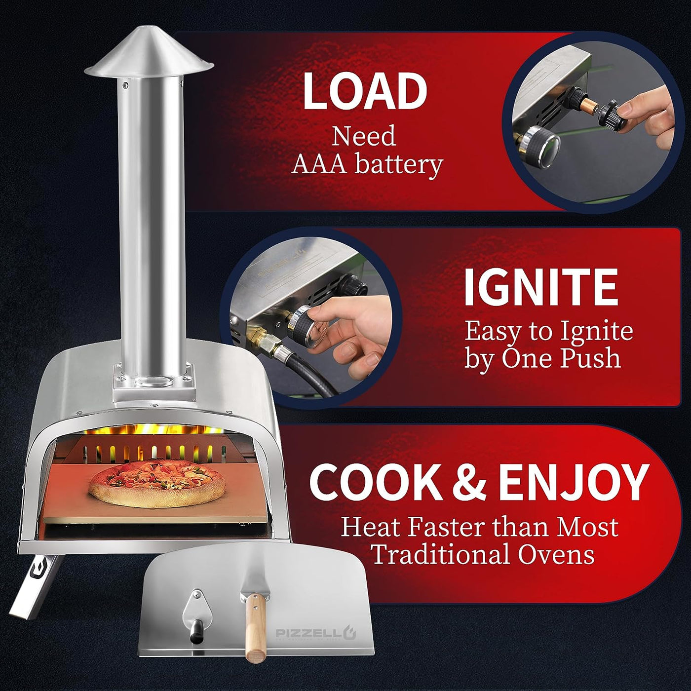 The Pizzello Forte Outdoor Gas Pizza Oven has a chimney and dual burners for propane/wood. It features fast cooking, efficient heat retention, push-button ignition, and comes with a pizza peel for your culinary adventures.