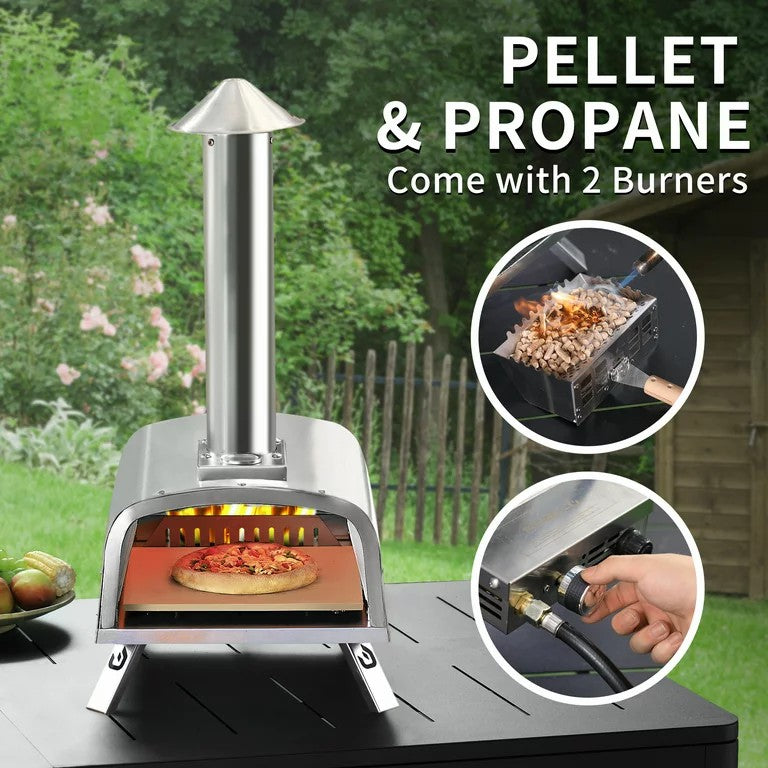 The Pizzello Forte Outdoor Gas Pizza Oven features dual-fuel burners for wood pellets and propane, ensuring excellent heat retention.